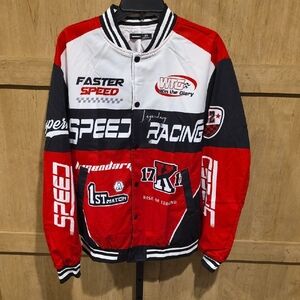 (J52) Speed Racing Men's Sz M Bomber Jacket - Red, Black, White